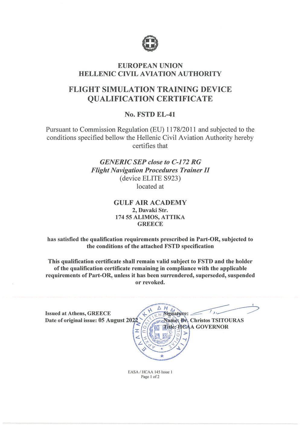 FSTD Qualification Certificate — SEP (C-172 RG)