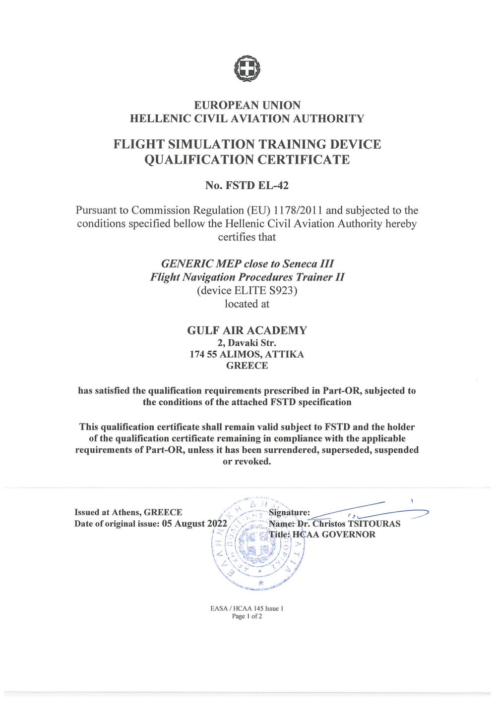 FSTD Qualification Certificate — MEP (Seneca III)